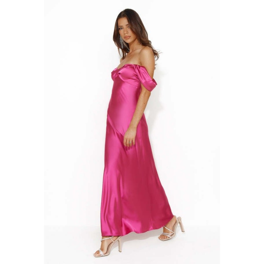 Hello Molly Shine Of Pearls Satin Maxi Dress Womens L Pink Off Shoulder Formal - Picture 3 of 16